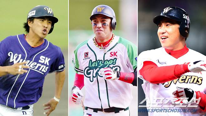 '디자인은 바뀌어도 21년 동안 변함없이 SK맨' 2005년, 2014년, 2017년(왼쪽부터) 김강민의 경기 모습.