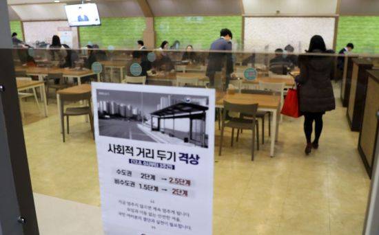 정부서울청사 구내식당에서 공무원들이 사회적 거리두기를 하며 식사를 하고 있다.[이미지출처=연합뉴스]