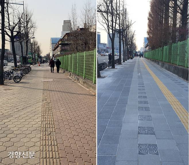 영파여고 앞 디자인 개선 작업 전(왼쪽)과 후(오른쪽). 송파구 제공