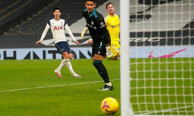 토트넘 손흥민(왼쪽)이 14일 영국 런던 토트넘 홋스퍼 스타디움에서 열린 풀럼과 EPL 경기에서 후반 26분 날린 슈팅이 골대를 맞히고 있다. 런던=AFP연합뉴스