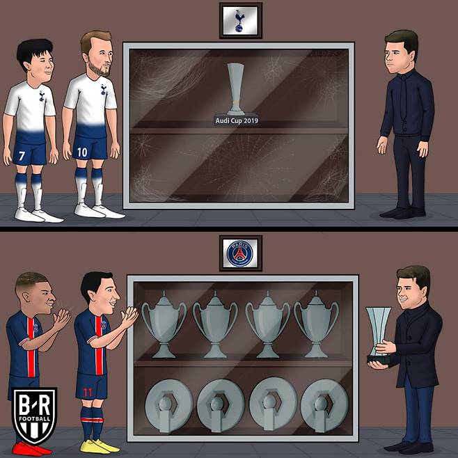 블리처 리포트가 14일 프랑스 슈퍼컵에서 우승컵을 들어올린 PSG 포체티노 감독이 토트넘 시절과 비교한 삽화를 그렸다.