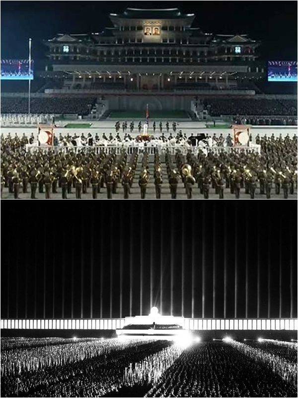 지난해 10월 평양 인민대학습당을 배경으로 북한 열병식이 치러지는 모습(위). 1933년 독일 나치당 대회에서 대공 조명으로 연출된 '빛의 대성당' 퍼포먼스./조선일보DB