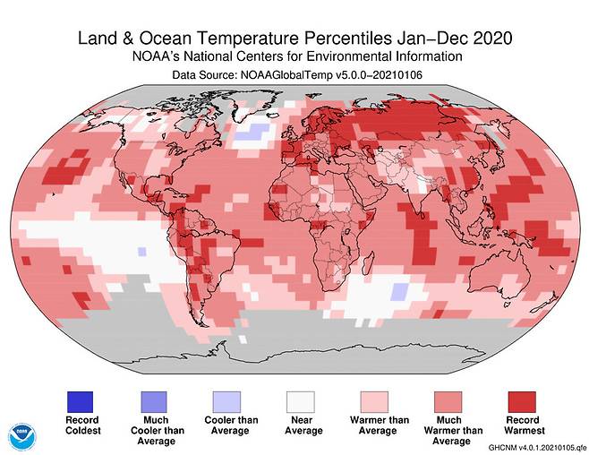 세계기상기구(WMO)는 2020년이 역대 ‘가장 따뜻한 해’ 3위 안에 들었다고 밝혔다. 미국 해양대기청(NOAA)는 역대 2위라는 분석을, 유럽중기예보센터(ECMWF)는 2016년과 나란히 역대 1위라는 분석을 내놓았다. NOAA 제공
