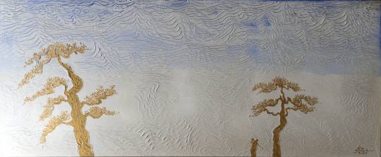 금송 아래서 : 가까워지듯 멀어지듯 두 그루의 소나무는 흐름을 전혀 거스르지 않는다. 염원에 가까워지는 나는, 변하지 않는 마음으로 나아간다. 2020년 작.  김영화 화백