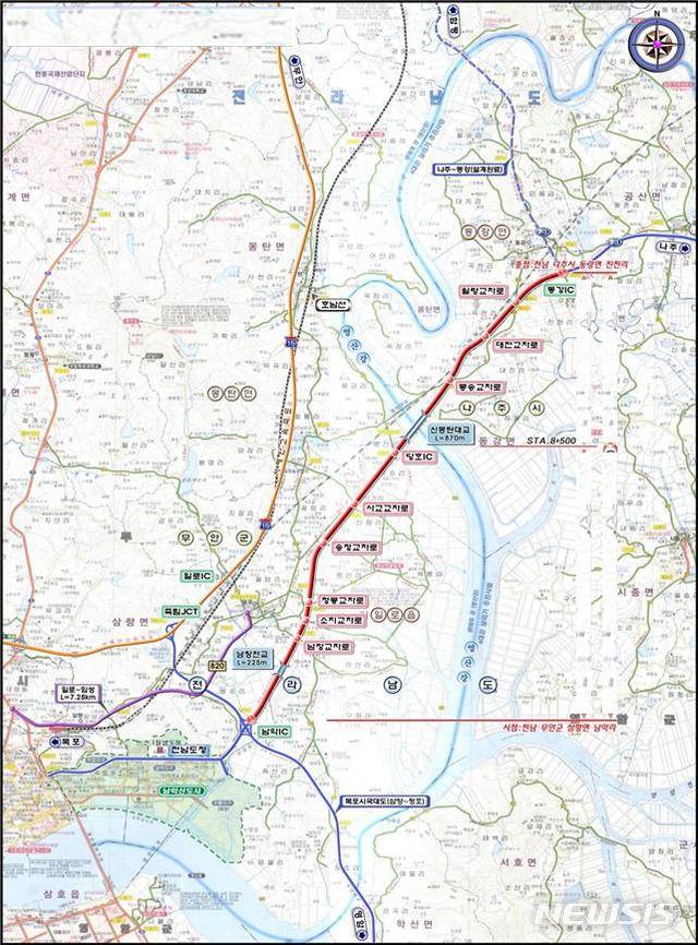 [무안=뉴시스] 무안 남악과 나주 동강을 잇는 국가지원지방도 49호선 일로~몽탄~동강 구간 위치도. praxis@newsis.com