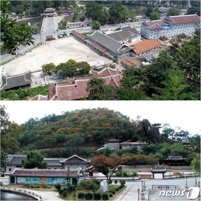 황해북도 사리원시 경암산에서 본 민속거리(위)와 민속거리에서 본 경암산과 경암루 전경(아래). (미디어한국학 제공) 2021.01.09.© 뉴스1