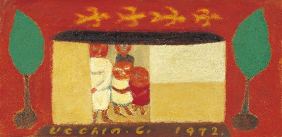장욱진, 가족도, 1972, 캔버스에 유채, 7.5×14.8cm