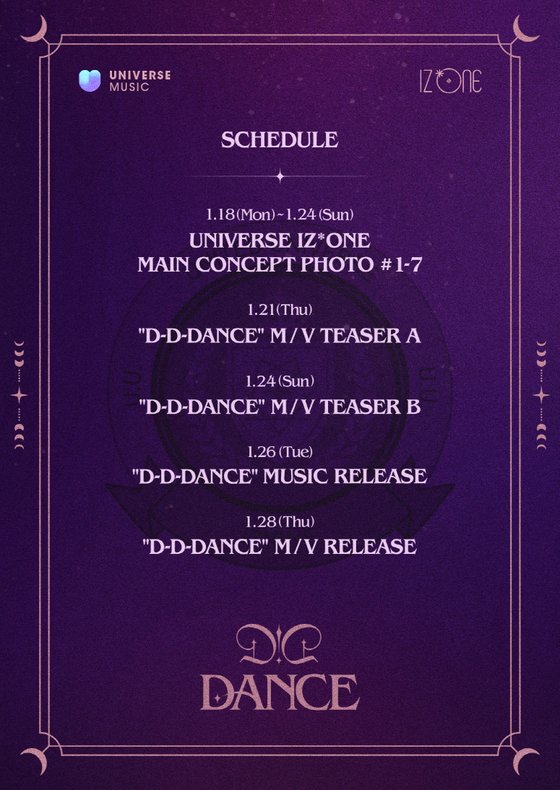 유니버스의 아이즈원 음원 ‘D-D-Dance’ 공개 스케줄.