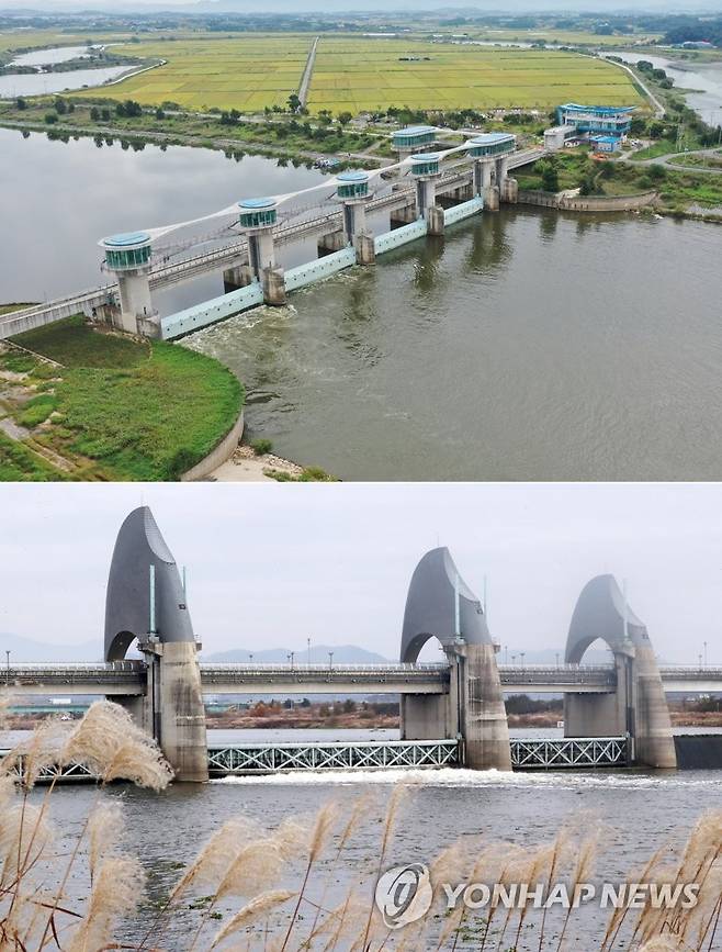 "영산강 죽산보 해체, 승촌보는 상시개방" (광주=연합뉴스) 천정인 기자 = 28일 영산·섬진강 유역물관리위원회는 광주 서구 나라키움 광주통합청사에서 3차 본회의를 열어 대통령 직속 국가물관리위원회에 건의할 영산강 보 처리 의견으로 죽산보 해체와 승촌보 상시개방을 채택했다. 사진은 영산강 죽산보(위쪽)와 승촌보의 모습. 2020.9.28 iny@yna.co.kr