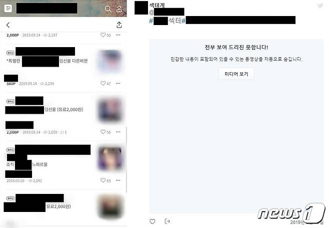 실존 아이돌을 동성애 음란창작물의 소재로 수익사업을 하는 알페스(왼쪽)와 남성 아이돌 음성을 신음소리로 합성해 유포하는 '섹테'(오른쪽) 사례 © 뉴스1
