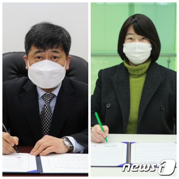 협약서에 서명하는 이찬기 관세청 차장(왼쪽), 이윤숙 네이버 포레스트 CIC 대표© 뉴스1