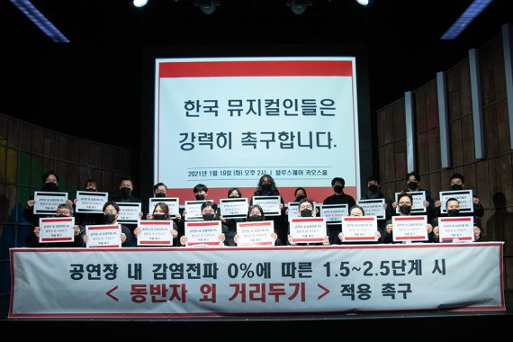 한국뮤지컬계 종사자들이 19일 서울 한강진 블루스퀘어 카오스홀에서 '1.5~2.5단계 시 공연장 내 거리두기 방역지침 조정'을 촉구하는 호소문을 발표했다. /사진=한국뮤지컬협회