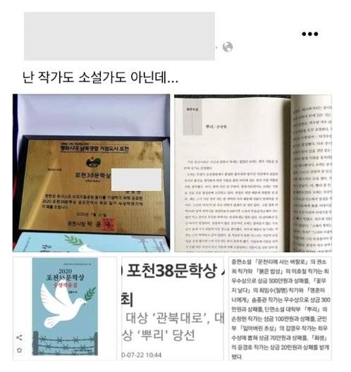 문학상 등 자신의 수상 사실을 알리는 손씨의 SNS. 인터넷 캡처