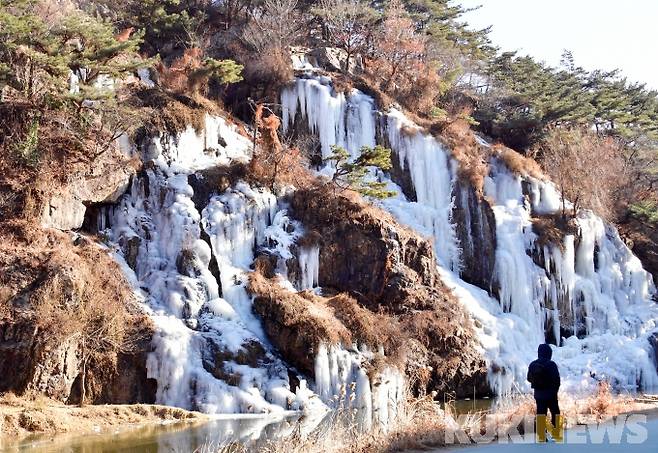 올겨울 최강 한파가 시작된 6일 오후 서울 연희동 홍제천인공폭포가 꽁꽁 얼어 있다. 박효상 기자