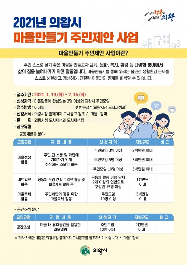 의왕시는‘2021년 마을만들기 주민제안 사업’에 참여할 공동체를 오는 2월 16일까지 모집한다. / 사진제공=의왕시