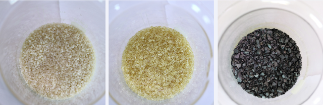 한 재생업체가 폐플라스틱을 모아 만든 플라스틱 재생원료 사진. 왼쪽부터 PE·PP·PS 재질의 폐플라스틱을 모아서 만든 재생원료다. 통상 펠릿(Pellet·알갱이)라고 불리는데, 이를 녹여서 원하는 형태로 굳인 후 산업용 파이프나 주차 턱받이, 건설 자재 등으로 쓴다. 재생업체 제공