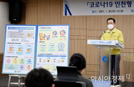 박남춘 인천시장이 20일 '코로나19, 인천형 민생경제 지원대책'을 발표하고 있다. 2021.1.20[사진 제공=인천시]