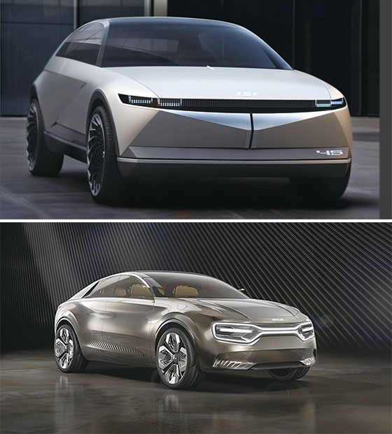 2019 프랑크푸르트모터쇼에서 공개된 현대자동차 EV 콘셉트카(위)는 올해 출시될 전기차 아이오닉5 기반이 된다. 기아는 아이오닉5와 경쟁할 전기차 CV(프로젝트명, 아래)를 선보인다. 
<각 사 제공>