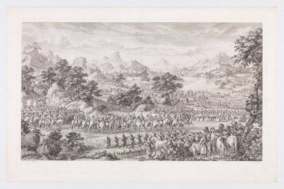 청나라 건륭제가 1769년 중국 북서부 신장 일리 지역을 정복한 뒤 항복을 받는 장면. 이탈리아 예수회 선교사이자 화가인 카스틸리오네(G Castiglione)가 그렸다. [사진 클리블랜드 미술관]