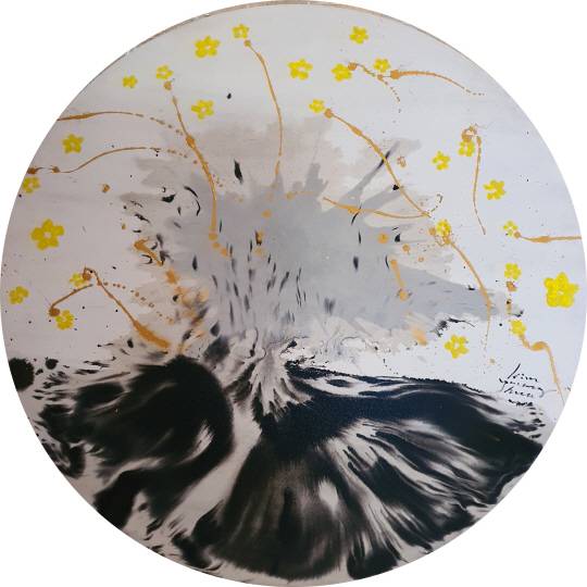 빛이 있으라 : 웅크리고 있던 우주의 기운이 용솟음치듯 터져 나와 세상의 혼탁한 모든 것을 치유하고 있다. 2021년 작. 김영화 골프전문 화가