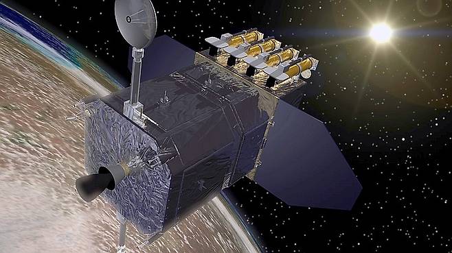 태양 전지판이 장착된 NASA의 태양활동관측위성(SDO). 2010년 2월 지구 정지궤도로 발사되었다