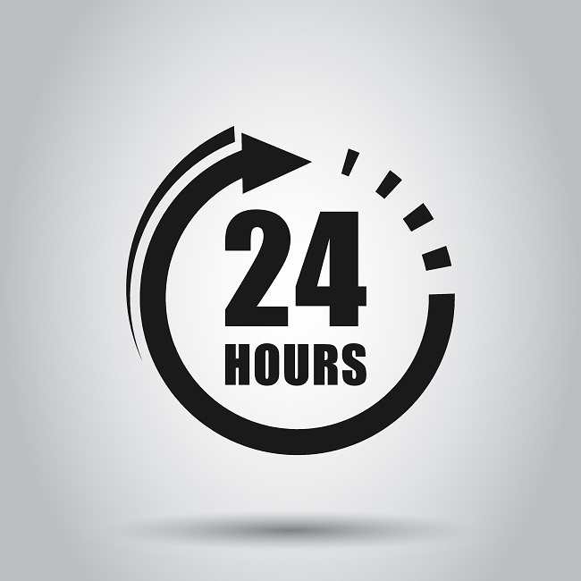 24 hours clock sign icon in flat style. Twenty four hour open vector illustration on isolated background. Timetable business concept.