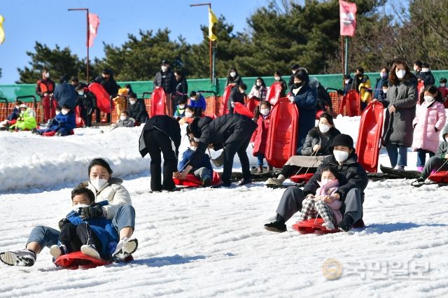 24일 시민들이 과천 서울랜드에서 눈썰매를 타고 있다.