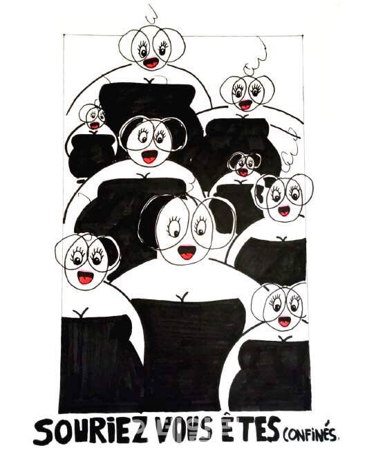 사라 르페브르의 ‘봉쇄 중에도 웃어요’(2020). 풍만한 체형에 얼굴을 반쯤 가리는 안경을 썼고 몸매가 그대로 드러난 검정드레스를 즐겨 입는다. 화룡점정은 핑크색 립스틱. 닮은 꼴 ‘마기’들이 모여 부르는 노래는 ‘걱정 말아요 그대’쯤 될 듯하다(사진=사라 르페브르).