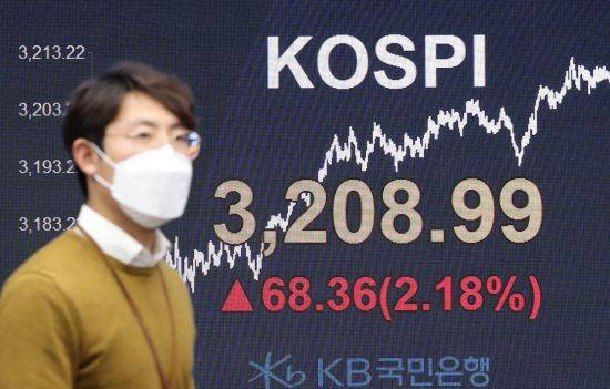 코스피가 3,200을 돌파한 25일 오후 서울 영등포구 여의도 KB국민은행 스마트 딜링룸의 전광판에 이날 코스피 종가가 표시돼 있다. [이미지출처=연합뉴스]