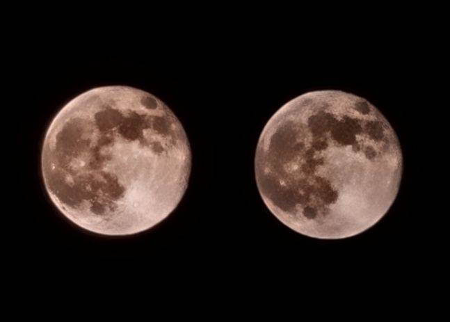 정보기술(IT) 커뮤니티 미니기기코리아의 한 회원이 ‘갤럭시S21 플러스’ 30배 줌 기능으로 촬영한 달 사진. 위의 사진을 촬영한 뒤 오른쪽 사진을 180도 돌렸을 때 좌우 결과물이 다르게 나타났다고 주장한다. 미니기기코리아 캡처