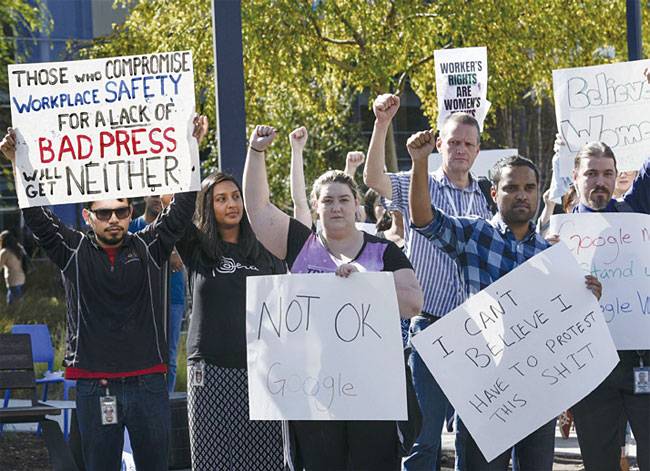 2018년 11월 1일, 안드로이드 개발자 앤디 루빈의 성추문이 보도된 뒤 세계 2만 명의 구글과 알파벳 직원들이 파업했다. 사진 블룸버그