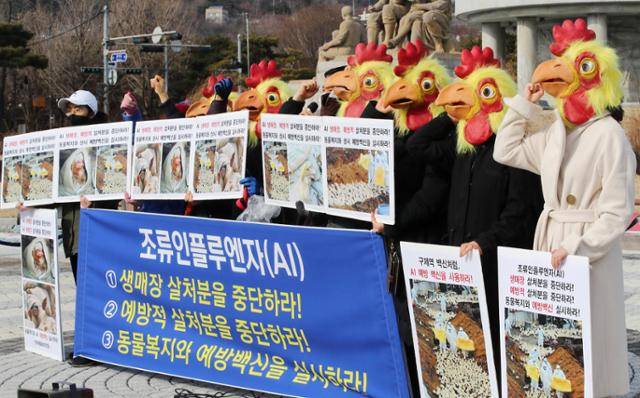 25일 오후 청와대 분수대 앞에서 한국동물보호연합 등 시민단체 주최로 열린 '고병원성 조류인플루엔자(AI) 예방적 살처분 중단, 동물복지, 예방백신 실시 촉구' 기자회견에서 참석자들이 구호를 외치고 있다. 연합뉴스