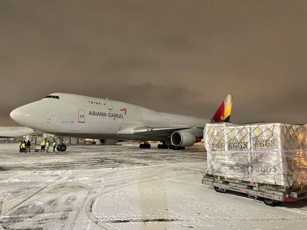 25일 아시아나항공에 따르면 이 항공사는 이날 정부의 긴급 요청으로 미국 시카고~인천 노선을 통해 미국산 계란 20여t을 긴급 수송했다. 사진=아시아나항공 제공