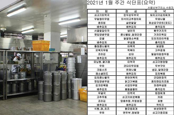 취사장 작업 수용자의 안전과 청결을 최우선우로 하며 수용자들에게 건강하고 균형잡힌 식사를 제공한다고 소개한 서울남부구치소 취사장(왼쪽)·2021년 1월 식단표(오른쪽). 법무부 교정본부 홈페이지