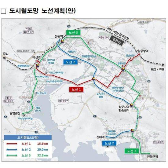 창원시가 추진하는 도시철도 3개 노선.