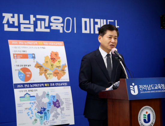 장석웅 전남교육감은 26일 기자실에서 비대면 언론 브리핑을 통해 ‘2021 농산어촌유학’ 학생모집 결과와 추진방안을 밝혔다. 사진=전남도교육청 제공