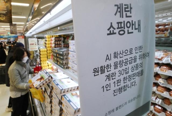 22일 고병원성 조류인플루엔자(AI)의 확산으로 계란 가격이 급등해 일부 대형마트에서 구매 수량을 제한하고 있다. /연합뉴스