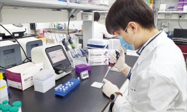 수젠텍 연구원이 본사 연구실에서 코로나 진단시약을 테스트하고 있다.  한경DB