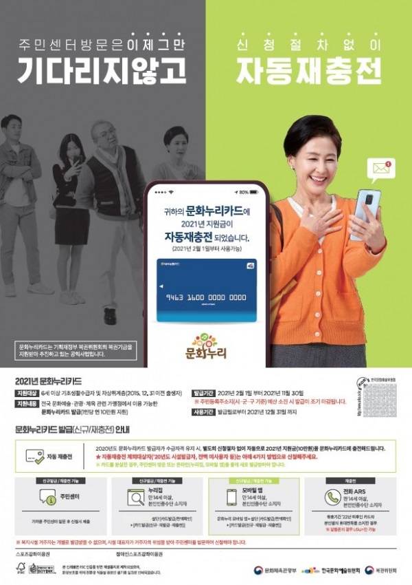 부천시는 올해 발급하는 문화누리카드의 지원금을 10만원으로 확대하고, 별도 신청이 없어도 지원금을 자동으로 충전하는 ‘자동재충전’ 제도를 도입한다. / 사진제공=부천시