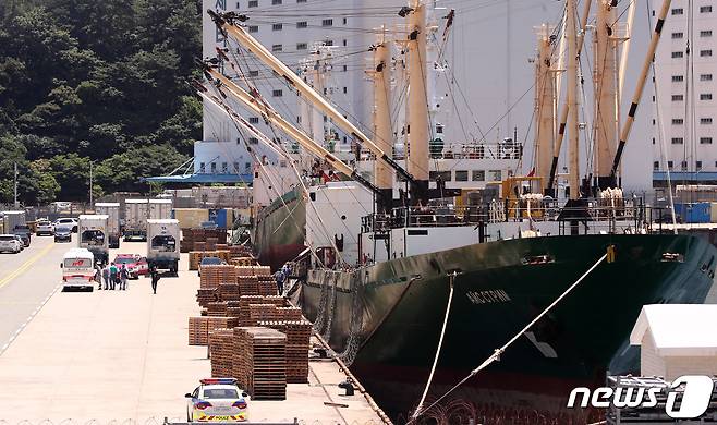 지난해 6월 23일 오후 부산 감천항에 정박한 러시아 국적 냉동화물선에서 코로나19 양성 판정을 받은 선원들이 부산의료원으로 이송되고 있다. 2020.6.23/뉴스1 © News1 여주연 기자