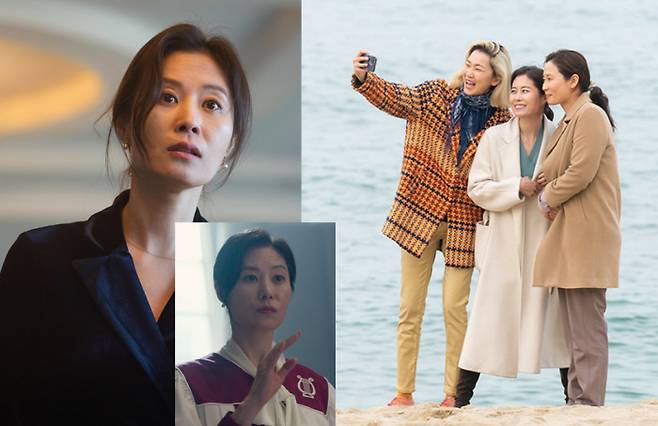 영화 <세자매>에서 둘째 미연(문소리·왼쪽 사진)은 갈등이 생겨도 외면하고 아무 일 없는 듯 군다. 영화 속 세 자매(오른쪽) 모두 어린 시절 가족에게 받은 상처를 마음 깊이 품고 있다. 리틀빅픽쳐스 제공