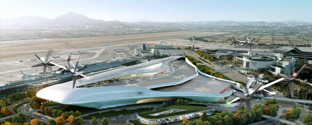 김포공항에 구축을 검토 중인 ‘버티허브(Verti-hub)’는 UAM용 터미널인 ‘버티포트(Vertiport)’의 상위개념으로, UAM과 다른 교통수단을 연결하는 역할을 한다.(사진=SKT)