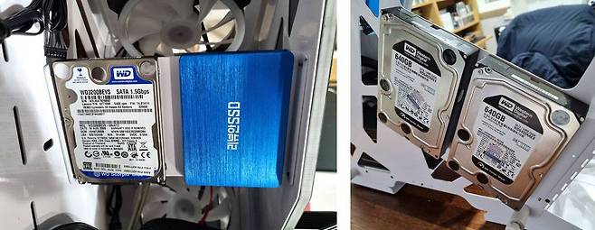 내부(왼쪽)과 우측면(오른쪽)의 드라이브 베이를 통해 4개의 HDD/SSD를 달 수 있다