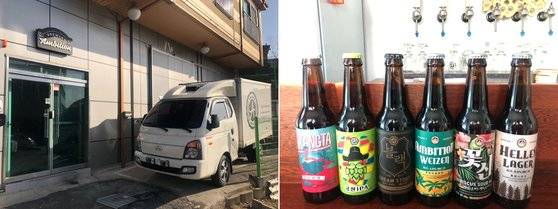 앰비션브루어리 외관(좌). 앰비션브루어리 맥주(우). [사진 황지혜]