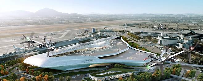 An aerial view of a proposed verti-hub at Gimpo Airport connecting UAM and other means of transport (Korea Airports Corp.)
