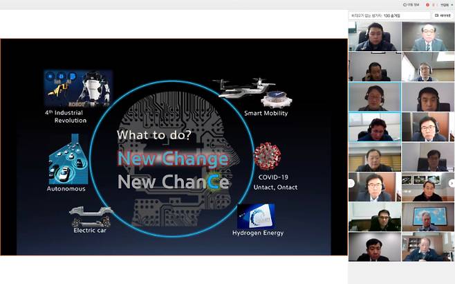 현대위아가 지난 27일 개최한 ‘파트너십 데이’에서 화상회의 시스템을 통해 협력사 120여곳에 미래 비전을 공유하고 있다. 현대위아는 ‘친환경 모빌리티 부품’과 ‘스마트 제조․물류 솔루션’을 기반으로 오는 2030년 매출 12조원을 달성한다는 목표를 세웠다. 현대위아 제공