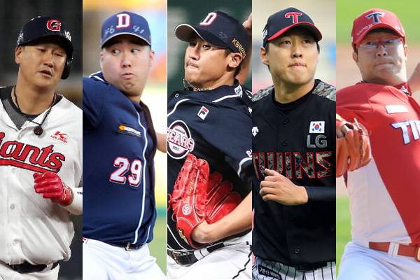 왼쪽부터 이대호, 유희관, 이용찬, 차우찬, 양현종. 서울신문 DB