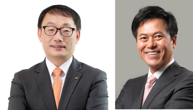 구현모 KT대표(왼쪽)와 박정호 SK텔레콤 최고경영자(CEO)