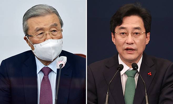 김종인 국민의힘 비상대책위원장(왼쪽),&nbsp;강민석 청와대 대변인. 연합뉴스
