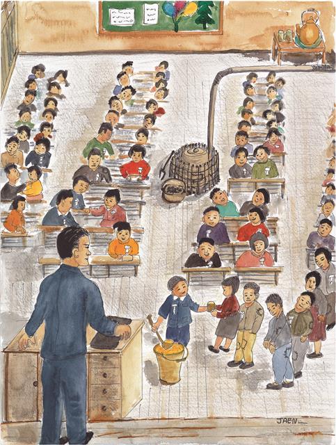 ‘몽당연필은 아직 심심해’ 책속 이미지 - 교실에서 강냉이죽을 나눠주는 모습